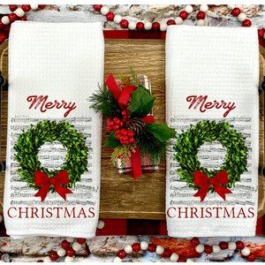 Christmas Tea Towels, Set of 2, Merry Christmas, Kitchen and Bathroom, Holiday